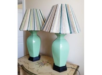 Pair Of Vase Shaped Bedside Lamps With Yarn Wrapped Lampshades