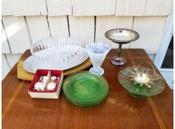 Assorted Table Top Items Including Silver Plate And Green Glass