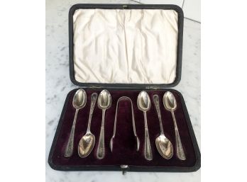 Vintage Sterling Silver Tea Spoons And Sugar Tongs In Original Box
