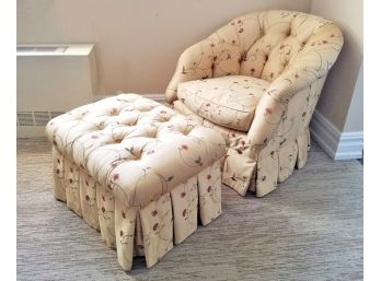 Vintage Floral Tufted Silk Arm Chair And Ottoman By Lewis Mittman