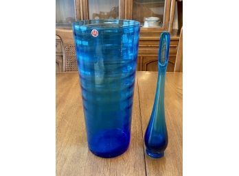 Blue Blown Glass Vase And Bud Vase