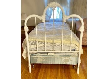 Two White Enamel Coated Wrought Iron Single Bed Headboards