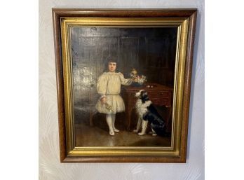 Oil On Canvas Signed And Dated Lower Right - Young Girl With Dog