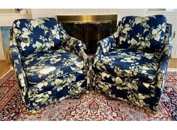 Pair Of Upholstered Easy Chairs On Rolling Casters