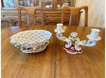 Manderbeit Floral Double Candle Holder And Woven Porcelain Basket