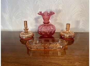 Cranberry Glass Vase And Colored Glass Vanity Set