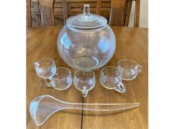 Glass Fishbowl Style Punch Bowl With Nine Cups And Ladle