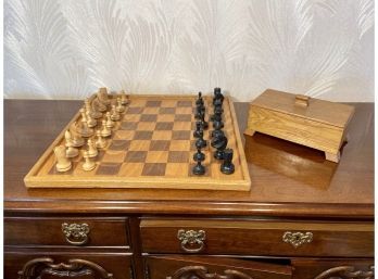 Chess Board With Hand Carved Wooden Pieces And Wood Storage Box