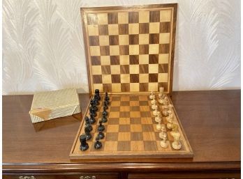 Pair Of Wooden Chess Boards With One Set Of Handmade Wood Pieces