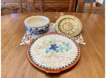 Vintage Villeroy And Boch Ceramic Piece, Blue/White Chinese Bowl And Brass Sun Plate