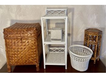 Wicker Hamper, Three Level Shelf, Tissue Cover, Wastebasket And Bent Wood Plant Stand