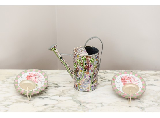 Mosaic Watering Can And Pair Of Wall Candle Holders