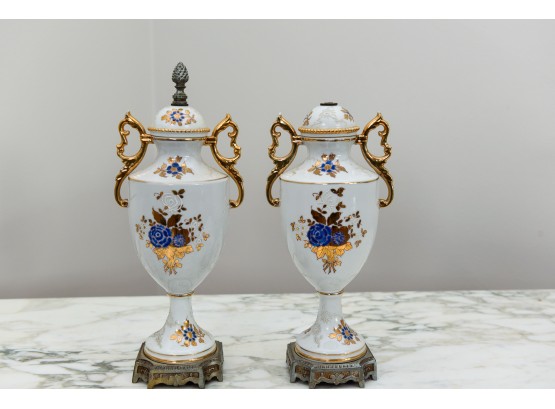 Pair Of Vintage Porcelain Urns With Gilt Handles