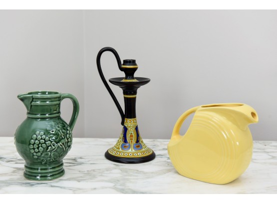 Vitas Schoonhoven Holland Candle Holder, Revol France Glazed Pitcher And Vintage Fiesta Ware Yellow Pitcher