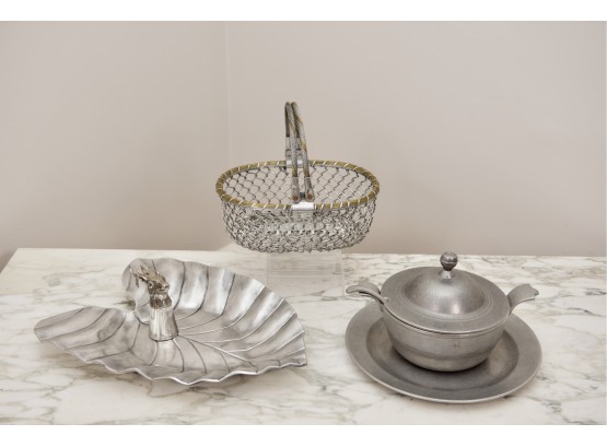 Pottery Barn Large Leaf Platter, Carson Pewter Tureen, Plate And Ladle And Basket