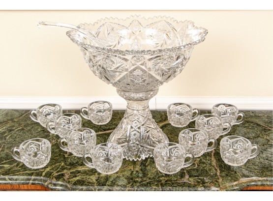(13) Magnificent Vintage Pressed Glass Punch Bowl Set