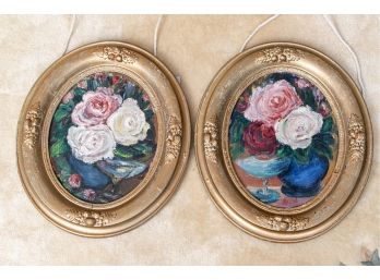 Beautiful Pair Of Floral Paintings With Nice Oval Frames, Oil On Wood Planks