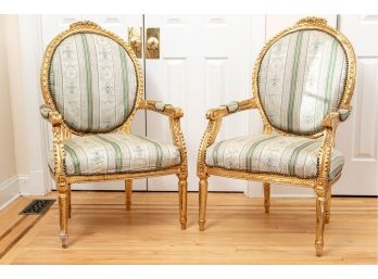 Pair Of Louis XVI Style Carved And Gold Trimmed Upholstered Chairs