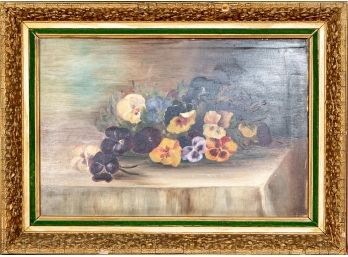 Painting Of A Pansy Arrangement On A Table, Oil On Artist Board