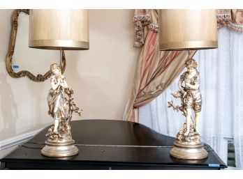 Pair Of Large Vintage White-Metal Figural Lamps