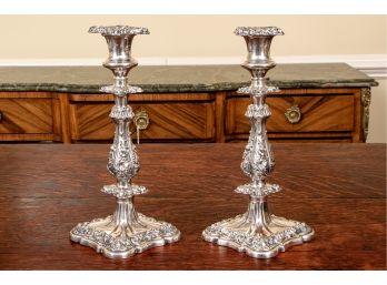 Pair Of Intricately Designed Antique Silver Plate On Copper Candlestick Holders