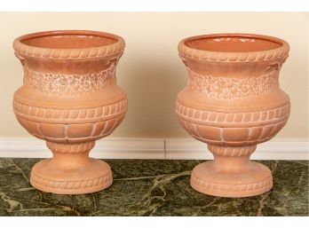 (2) Clay Cachepots/Planters With Wreath And Bow Exterior Design
