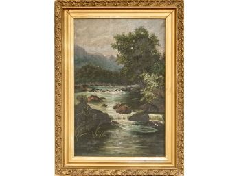 Antique Calm Stream Painting Oil On Canvas