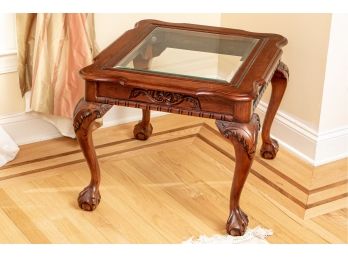 Antique Solid Cherry Table W/Glass Insert, Ball & Claw Feet