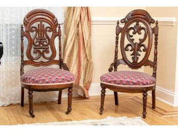 (2) Antique Victorian Side Chairs Beautifully Upholstered With Wonderful Woodwork