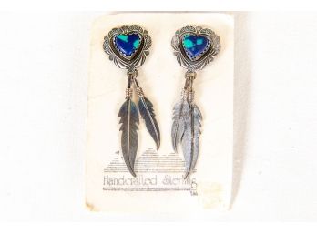 Fabulous Handcrafted Sterling Silver Heart Shaped Turquoise Studs Earrings W/Hanging Feathers