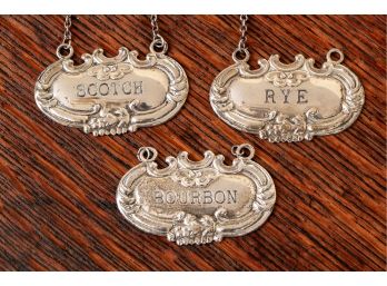 (3) Sterling Liquor Tags Including Bourbon, Rye, And Scotch