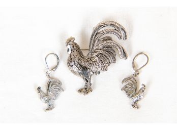 Cute Vintage Costume Set Of Rooster Earrings & Matching Pin