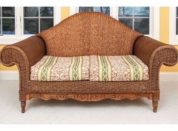 Awesome Vintage Wicker Sofa With A Carved Wood Base