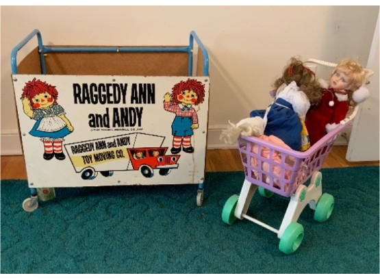 Raggedy Ann And Andy Toy Chest Full Plus Shopping Cart With 3 Dolls