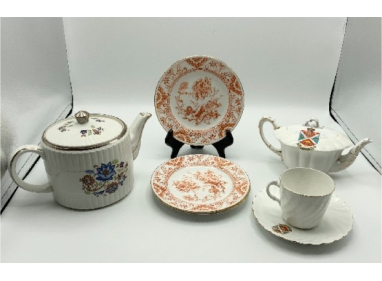 2 English Teapots ~ Ellgreave, Foley & 2 Royal Crown Derby Plates