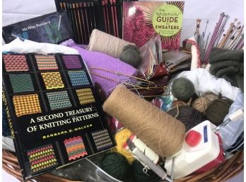 Large Wicker Basket Of Knitting Yarn & Supplies