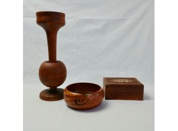 Good Wood Lot - Candlestick, Yarn Holder, Carved Box