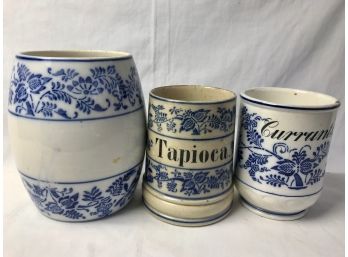 Three Blue & White German Canisters - No Lids