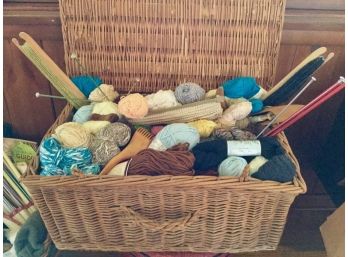 Wicker Basket Of Knitting Yarn & Supplies