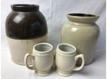 Two Stoneware Crocks & A Pair Of Mugs