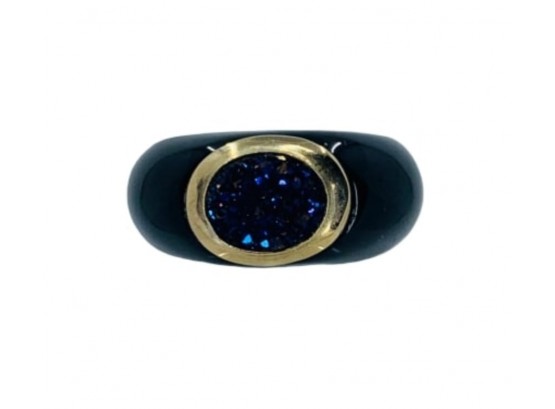 Blue Druzy & Onyx Ring Of 'Protection & Emotional Balance'