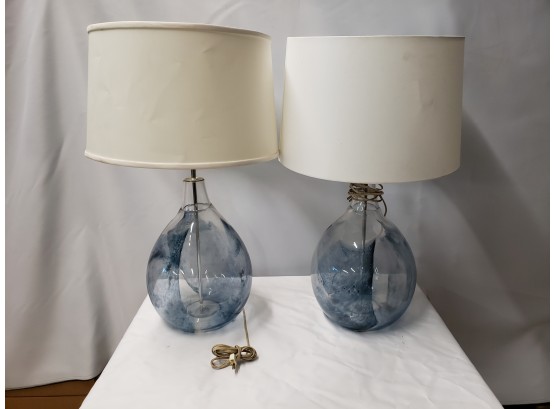 Beautiful Pair Of Mid Century Modern Blue & Clear Blown Glass Lamps