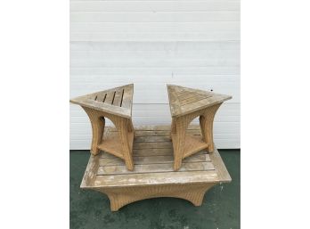 Three Piece Wicker And Wood Patio Table Set