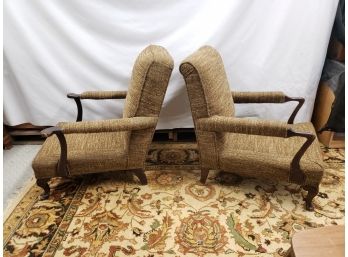 Two Vintage MCM Tweed Upholstered Lounge Lowboy Arm Chairs & Table -See Decription!
