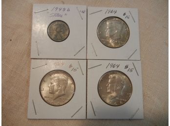 3 - 1964 Silver Kennedy Half Dollars + 1943-D Lincoln Cent