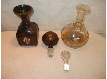 Music Box Decantor & Leather Decanter & Six Bowls