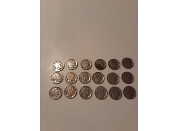 18 Buffalo Nickels, Various Dates, 1921-1937