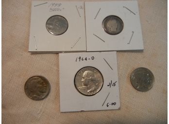 2 Silver Coins; Barber Dime + Washington Quarter + 3 Others