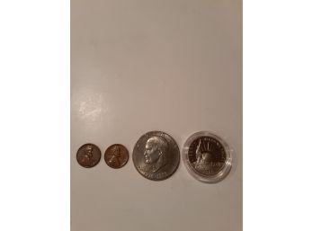 4 Coins, 2 Wheat Pennies, Eisenhower BiCentennial Dollar, Liberty Half Dollar