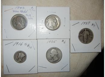 Four Silver Coins + 1937 Buffalo Nickel